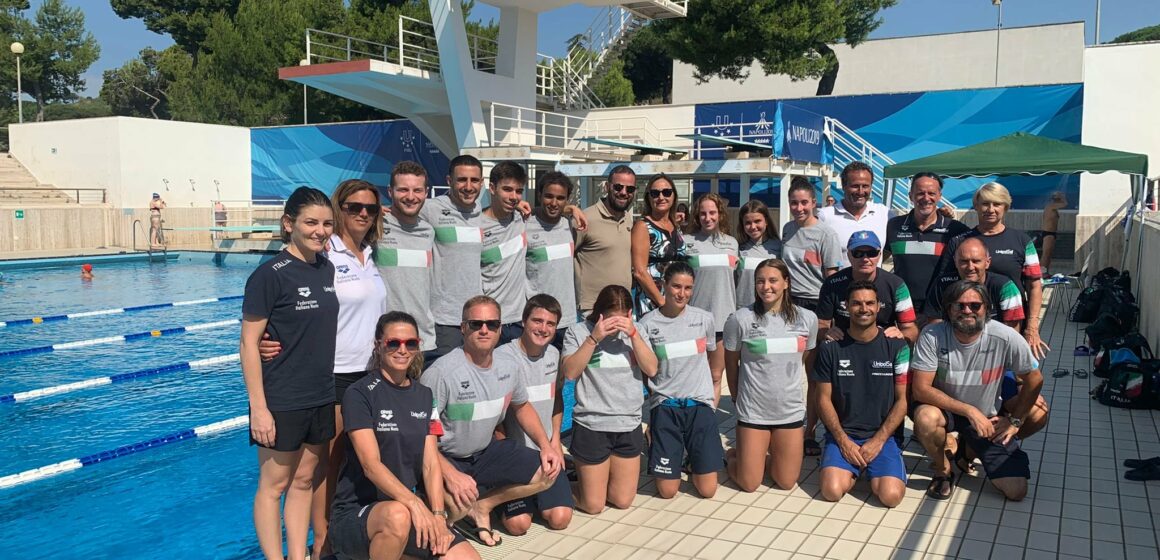 Europei di Nuoto Roma ’22, la nazionale di tuffi si allena alla Mostra d’Oltremare. Stamane la visito dell’assessore allo sport del comune di Napoli