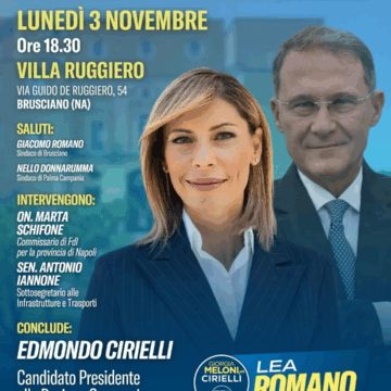 image Lea Romano (Fratelli d’Italia)  apre la campagna elettorale a Villa Ruggiero di Brusciano il 3 novembre. Presenti Edmondo Cirielli, candidato governatore, il sottosegretario Antonio Iannone e il deputato Marta Schifone